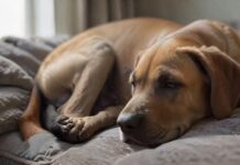 Hyperrealistic photograph: An adorable fawn Great Dane puppy sleeps peacefully on a luxurious, textured grey dog bed. Warm, soft natural light from a window highlights its glossy coat and relaxed form. Shallow depth of field, close-up, focusing on lifelike detail. Cozy interior setting. Artifact-free, anatomically correct. Absolutely no text or letters. Cinematic lighting.