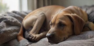 Hyperrealistic photograph: An adorable fawn Great Dane puppy sleeps peacefully on a luxurious, textured grey dog bed. Warm, soft natural light from a window highlights its glossy coat and relaxed form. Shallow depth of field, close-up, focusing on lifelike detail. Cozy interior setting. Artifact-free, anatomically correct. Absolutely no text or letters. Cinematic lighting.