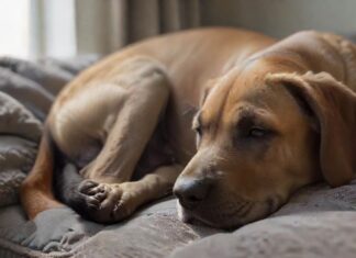 Hyperrealistic photograph: An adorable fawn Great Dane puppy sleeps peacefully on a luxurious, textured grey dog bed. Warm, soft natural light from a window highlights its glossy coat and relaxed form. Shallow depth of field, close-up, focusing on lifelike detail. Cozy interior setting. Artifact-free, anatomically correct. Absolutely no text or letters. Cinematic lighting.