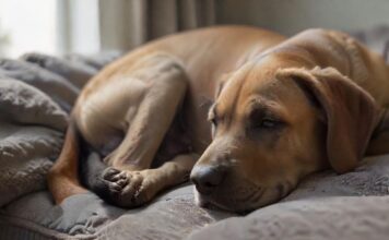 Hyperrealistic photograph: An adorable fawn Great Dane puppy sleeps peacefully on a luxurious, textured grey dog bed. Warm, soft natural light from a window highlights its glossy coat and relaxed form. Shallow depth of field, close-up, focusing on lifelike detail. Cozy interior setting. Artifact-free, anatomically correct. Absolutely no text or letters. Cinematic lighting.