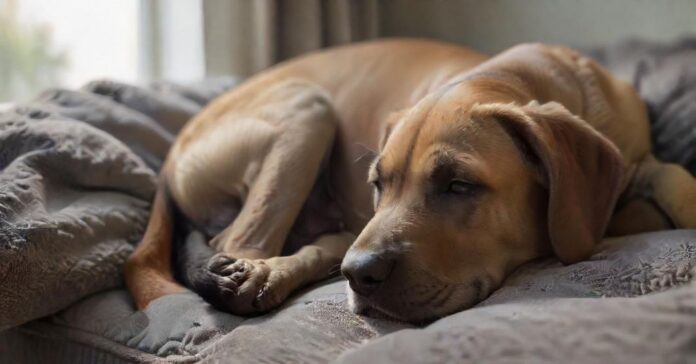 Hyperrealistic photograph: An adorable fawn Great Dane puppy sleeps peacefully on a luxurious, textured grey dog bed. Warm, soft natural light from a window highlights its glossy coat and relaxed form. Shallow depth of field, close-up, focusing on lifelike detail. Cozy interior setting. Artifact-free, anatomically correct. Absolutely no text or letters. Cinematic lighting.