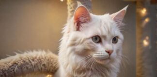hyperrealistic close-up of a newly cleaned, light-colored cat tree, lush fabric, dramatic lighting highlights the flawless texture and the absence of dust or hairs, inviting and hygienic, no text. safe:true,private:true,nologo:true,turbo