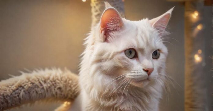 hyperrealistic close-up of a newly cleaned, light-colored cat tree, lush fabric, dramatic lighting highlights the flawless texture and the absence of dust or hairs, inviting and hygienic, no text. safe:true,private:true,nologo:true,turbo