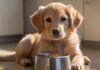 Hyperrealistic, photorealistic close-up: an 8-week-old Golden Retriever puppy sits on a polished kitchen floor, looking hesitantly at a stainless steel bowl full of kibble. Its expression is pensive, ears slightly drooped. Warm, soft morning light from a window illuminates its fluffy, cream fur, creating gentle highlights and shadows. Shallow depth of field, subtle bokeh. No text, letters, or artifacts. Utterly realistic.