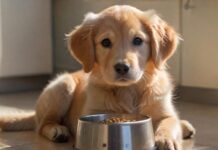 Hyperrealistic, photorealistic close-up: an 8-week-old Golden Retriever puppy sits on a polished kitchen floor, looking hesitantly at a stainless steel bowl full of kibble. Its expression is pensive, ears slightly drooped. Warm, soft morning light from a window illuminates its fluffy, cream fur, creating gentle highlights and shadows. Shallow depth of field, subtle bokeh. No text, letters, or artifacts. Utterly realistic.