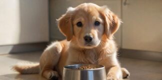 Hyperrealistic, photorealistic close-up: an 8-week-old Golden Retriever puppy sits on a polished kitchen floor, looking hesitantly at a stainless steel bowl full of kibble. Its expression is pensive, ears slightly drooped. Warm, soft morning light from a window illuminates its fluffy, cream fur, creating gentle highlights and shadows. Shallow depth of field, subtle bokeh. No text, letters, or artifacts. Utterly realistic.