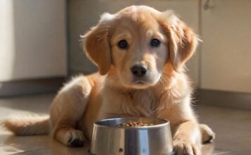 Hyperrealistic, photorealistic close-up: an 8-week-old Golden Retriever puppy sits on a polished kitchen floor, looking hesitantly at a stainless steel bowl full of kibble. Its expression is pensive, ears slightly drooped. Warm, soft morning light from a window illuminates its fluffy, cream fur, creating gentle highlights and shadows. Shallow depth of field, subtle bokeh. No text, letters, or artifacts. Utterly realistic.