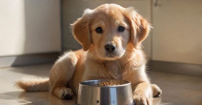 Hyperrealistic, photorealistic close-up: an 8-week-old Golden Retriever puppy sits on a polished kitchen floor, looking hesitantly at a stainless steel bowl full of kibble. Its expression is pensive, ears slightly drooped. Warm, soft morning light from a window illuminates its fluffy, cream fur, creating gentle highlights and shadows. Shallow depth of field, subtle bokeh. No text, letters, or artifacts. Utterly realistic.