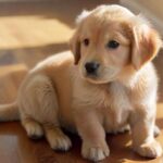 Hyperrealistic photograph: An adorable 8-week-old Golden Retriever puppy sits attentively on a polished wooden floor. Soft morning sunlight illuminates its fluffy golden fur and bright, intelligent eyes looking slightly upwards. Shallow depth of field blurs the background. Flawless anatomy. Absolutely no text, letters, or words anywhere. Cinematic, artifact-free.