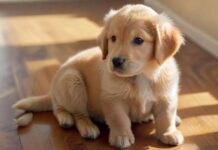 Hyperrealistic photograph: An adorable 8-week-old Golden Retriever puppy sits attentively on a polished wooden floor. Soft morning sunlight illuminates its fluffy golden fur and bright, intelligent eyes looking slightly upwards. Shallow depth of field blurs the background. Flawless anatomy. Absolutely no text, letters, or words anywhere. Cinematic, artifact-free.