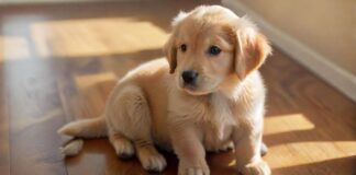 Hyperrealistic photograph: An adorable 8-week-old Golden Retriever puppy sits attentively on a polished wooden floor. Soft morning sunlight illuminates its fluffy golden fur and bright, intelligent eyes looking slightly upwards. Shallow depth of field blurs the background. Flawless anatomy. Absolutely no text, letters, or words anywhere. Cinematic, artifact-free.