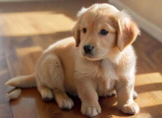 Golden Retriever Welpen: 7 Fehler vermeiden! ✅ Profi-Tipps Hyperrealistic photograph: An adorable 8-week-old Golden Retriever puppy sits attentively on a polished wooden floor. Soft morning sunlight illuminates its fluffy golden fur and bright, intelligent eyes looking slightly upwards. Shallow depth of field blurs the background. Flawless anatomy. Absolutely no text, letters, or words anywhere. Cinematic, artifact-free.