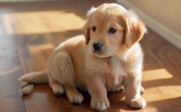 Hyperrealistic photograph: An adorable 8-week-old Golden Retriever puppy sits attentively on a polished wooden floor. Soft morning sunlight illuminates its fluffy golden fur and bright, intelligent eyes looking slightly upwards. Shallow depth of field blurs the background. Flawless anatomy. Absolutely no text, letters, or words anywhere. Cinematic, artifact-free.