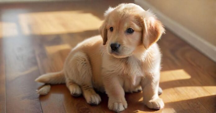 Hyperrealistic photograph: An adorable 8-week-old Golden Retriever puppy sits attentively on a polished wooden floor. Soft morning sunlight illuminates its fluffy golden fur and bright, intelligent eyes looking slightly upwards. Shallow depth of field blurs the background. Flawless anatomy. Absolutely no text, letters, or words anywhere. Cinematic, artifact-free.