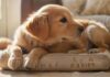 Hyperrealistic, photorealistic: a young, fluffy Golden Retriever puppy sitting obediently on its designated comfy dog bed in a bright, sunlit living room. A human hand gently strokes its head. Sharp focus on puppy, blurred background. Utterly realistic textures, anatomically perfect, artifact-free. No text, letters, or words.