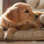 Goldie Welpen Erziehung: Konsequent & liebevoll zum Traumhund 🐾 Hyperrealistic, photorealistic: a young, fluffy Golden Retriever puppy sitting obediently on its designated comfy dog bed in a bright, sunlit living room. A human hand gently strokes its head. Sharp focus on puppy, blurred background. Utterly realistic textures, anatomically perfect, artifact-free. No text, letters, or words.