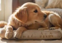 Hyperrealistic, photorealistic: a young, fluffy Golden Retriever puppy sitting obediently on its designated comfy dog bed in a bright, sunlit living room. A human hand gently strokes its head. Sharp focus on puppy, blurred background. Utterly realistic textures, anatomically perfect, artifact-free. No text, letters, or words.