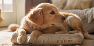 Hyperrealistic, photorealistic: a young, fluffy Golden Retriever puppy sitting obediently on its designated comfy dog bed in a bright, sunlit living room. A human hand gently strokes its head. Sharp focus on puppy, blurred background. Utterly realistic textures, anatomically perfect, artifact-free. No text, letters, or words.