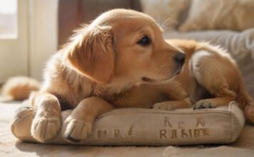 Hyperrealistic, photorealistic: a young, fluffy Golden Retriever puppy sitting obediently on its designated comfy dog bed in a bright, sunlit living room. A human hand gently strokes its head. Sharp focus on puppy, blurred background. Utterly realistic textures, anatomically perfect, artifact-free. No text, letters, or words.