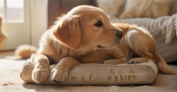 Hyperrealistic, photorealistic: a young, fluffy Golden Retriever puppy sitting obediently on its designated comfy dog bed in a bright, sunlit living room. A human hand gently strokes its head. Sharp focus on puppy, blurred background. Utterly realistic textures, anatomically perfect, artifact-free. No text, letters, or words.