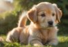 Hyperrealistic photograph, low angle shot: an adorable 8-week-old Golden Retriever puppy squatting attentively on vibrant green grass in a sun-dappled garden during golden hour. Focus on detailed fluffy fur, photorealistic lighting, natural pose. Shallow depth of field blurs background. Ensure anatomical correctness, artifact-free rendering. Absolutely no text or letters.