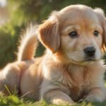 Hyperrealistic photograph, low angle shot: an adorable 8-week-old Golden Retriever puppy squatting attentively on vibrant green grass in a sun-dappled garden during golden hour. Focus on detailed fluffy fur, photorealistic lighting, natural pose. Shallow depth of field blurs background. Ensure anatomical correctness, artifact-free rendering. Absolutely no text or letters.