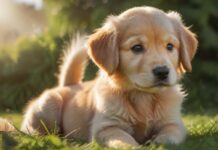 Hyperrealistic photograph, low angle shot: an adorable 8-week-old Golden Retriever puppy squatting attentively on vibrant green grass in a sun-dappled garden during golden hour. Focus on detailed fluffy fur, photorealistic lighting, natural pose. Shallow depth of field blurs background. Ensure anatomical correctness, artifact-free rendering. Absolutely no text or letters.