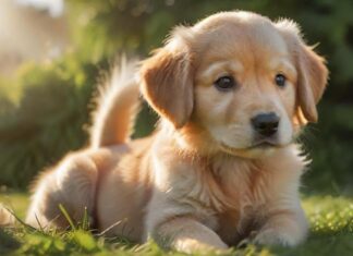 Golden Retriever Welpen Stubenreinheit: So klappt es garantiert! Hyperrealistic photograph, low angle shot: an adorable 8-week-old Golden Retriever puppy squatting attentively on vibrant green grass in a sun-dappled garden during golden hour. Focus on detailed fluffy fur, photorealistic lighting, natural pose. Shallow depth of field blurs background. Ensure anatomical correctness, artifact-free rendering. Absolutely no text or letters.