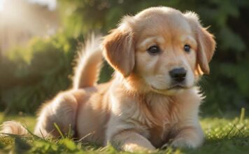 Hyperrealistic photograph, low angle shot: an adorable 8-week-old Golden Retriever puppy squatting attentively on vibrant green grass in a sun-dappled garden during golden hour. Focus on detailed fluffy fur, photorealistic lighting, natural pose. Shallow depth of field blurs background. Ensure anatomical correctness, artifact-free rendering. Absolutely no text or letters.