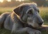 Hyperrealistic, poignant photograph: a noble Irish Wolfhound rests peacefully in a dew-kissed meadow at dawn. Soft, warm light illuminates its expressive, soulful eyes and intricate, tangible fur texture. Flawless, natural canine anatomy. Absolutely no text, letters, or symbols. Cinematic depth, ultra-detailed, photorealistic.