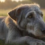 Hyperrealistic, poignant photograph: a noble Irish Wolfhound rests peacefully in a dew-kissed meadow at dawn. Soft, warm light illuminates its expressive, soulful eyes and intricate, tangible fur texture. Flawless, natural canine anatomy. Absolutely no text, letters, or symbols. Cinematic depth, ultra-detailed, photorealistic.