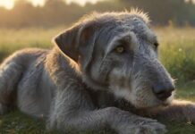 Hyperrealistic, poignant photograph: a noble Irish Wolfhound rests peacefully in a dew-kissed meadow at dawn. Soft, warm light illuminates its expressive, soulful eyes and intricate, tangible fur texture. Flawless, natural canine anatomy. Absolutely no text, letters, or symbols. Cinematic depth, ultra-detailed, photorealistic.