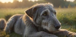 Hyperrealistic, poignant photograph: a noble Irish Wolfhound rests peacefully in a dew-kissed meadow at dawn. Soft, warm light illuminates its expressive, soulful eyes and intricate, tangible fur texture. Flawless, natural canine anatomy. Absolutely no text, letters, or symbols. Cinematic depth, ultra-detailed, photorealistic.