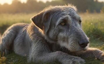 Hyperrealistic, poignant photograph: a noble Irish Wolfhound rests peacefully in a dew-kissed meadow at dawn. Soft, warm light illuminates its expressive, soulful eyes and intricate, tangible fur texture. Flawless, natural canine anatomy. Absolutely no text, letters, or symbols. Cinematic depth, ultra-detailed, photorealistic.