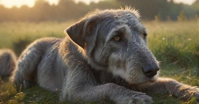 Hyperrealistic, poignant photograph: a noble Irish Wolfhound rests peacefully in a dew-kissed meadow at dawn. Soft, warm light illuminates its expressive, soulful eyes and intricate, tangible fur texture. Flawless, natural canine anatomy. Absolutely no text, letters, or symbols. Cinematic depth, ultra-detailed, photorealistic.