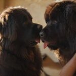 Hyperrealistic, photorealistic, detailed shot: A focused person gently grooms a magnificent, calm Newfoundland dog with a soft brush in a sun-dappled, cozy room. Warm sunlight highlights the intricate textures of the dog's thick, dark fur and the person's caring hands. Utterly realistic, anatomically perfect, artifact-free. Absolutely no text or letters.