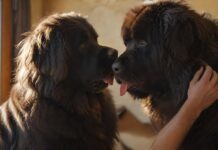 Hyperrealistic, photorealistic, detailed shot: A focused person gently grooms a magnificent, calm Newfoundland dog with a soft brush in a sun-dappled, cozy room. Warm sunlight highlights the intricate textures of the dog's thick, dark fur and the person's caring hands. Utterly realistic, anatomically perfect, artifact-free. Absolutely no text or letters.