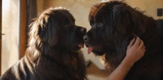 Hyperrealistic, photorealistic, detailed shot: A focused person gently grooms a magnificent, calm Newfoundland dog with a soft brush in a sun-dappled, cozy room. Warm sunlight highlights the intricate textures of the dog's thick, dark fur and the person's caring hands. Utterly realistic, anatomically perfect, artifact-free. Absolutely no text or letters.