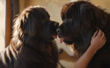 Hyperrealistic, photorealistic, detailed shot: A focused person gently grooms a magnificent, calm Newfoundland dog with a soft brush in a sun-dappled, cozy room. Warm sunlight highlights the intricate textures of the dog's thick, dark fur and the person's caring hands. Utterly realistic, anatomically perfect, artifact-free. Absolutely no text or letters.