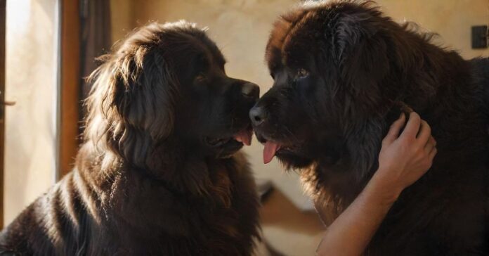 Hyperrealistic, photorealistic, detailed shot: A focused person gently grooms a magnificent, calm Newfoundland dog with a soft brush in a sun-dappled, cozy room. Warm sunlight highlights the intricate textures of the dog's thick, dark fur and the person's caring hands. Utterly realistic, anatomically perfect, artifact-free. Absolutely no text or letters.