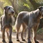 Hyperrealistic, photorealistic shot: Majestic Irish Wolfhound walks calmly beside its attentive owner on a sun-dappled park path. Loose leash held gently. Dog's expression serene, focused interaction. Soft bokeh background. Extremely detailed fur texture, natural afternoon light. Anatomically perfect, artifact-free. Absolutely no text or letters visible.