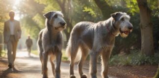 Hyperrealistic, photorealistic shot: Majestic Irish Wolfhound walks calmly beside its attentive owner on a sun-dappled park path. Loose leash held gently. Dog's expression serene, focused interaction. Soft bokeh background. Extremely detailed fur texture, natural afternoon light. Anatomically perfect, artifact-free. Absolutely no text or letters visible.