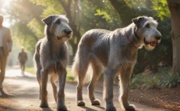 Hyperrealistic, photorealistic shot: Majestic Irish Wolfhound walks calmly beside its attentive owner on a sun-dappled park path. Loose leash held gently. Dog's expression serene, focused interaction. Soft bokeh background. Extremely detailed fur texture, natural afternoon light. Anatomically perfect, artifact-free. Absolutely no text or letters visible.