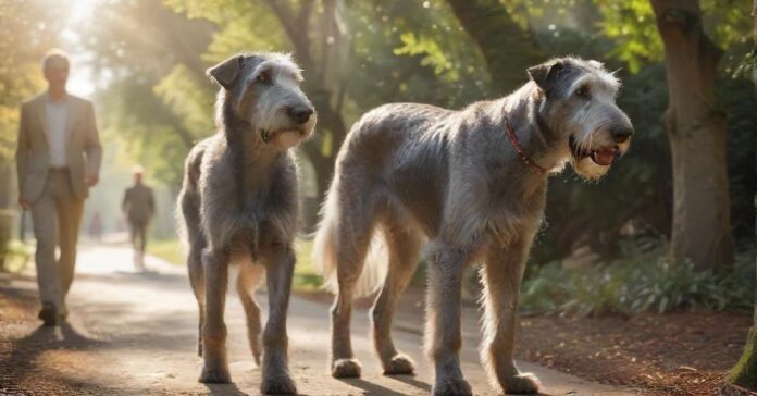 Hyperrealistic, photorealistic shot: Majestic Irish Wolfhound walks calmly beside its attentive owner on a sun-dappled park path. Loose leash held gently. Dog's expression serene, focused interaction. Soft bokeh background. Extremely detailed fur texture, natural afternoon light. Anatomically perfect, artifact-free. Absolutely no text or letters visible.