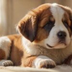 Hyperrealistic, heartwarming photograph: A remarkably lifelike St. Bernard puppy, incredibly fluffy with detailed fur texture, sits clumsily on a soft, cream-colored knitted blanket in a warm living room. Gentle morning sunlight illuminates the scene, creating soft highlights on its fur and a reflection in its clear, dark eyes. Shallow depth of field emphasizes the puppy's adorable form. Utterly photorealistic, anatomically perfect, artifact-free. Critically, ensure absolutely no text, letters, or writing appears anywhere.