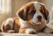 Hyperrealistic, heartwarming photograph: A remarkably lifelike St. Bernard puppy, incredibly fluffy with detailed fur texture, sits clumsily on a soft, cream-colored knitted blanket in a warm living room. Gentle morning sunlight illuminates the scene, creating soft highlights on its fur and a reflection in its clear, dark eyes. Shallow depth of field emphasizes the puppy's adorable form. Utterly photorealistic, anatomically perfect, artifact-free. Critically, ensure absolutely no text, letters, or writing appears anywhere.
