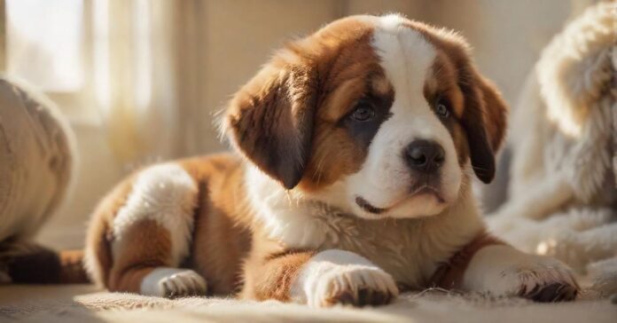 Hyperrealistic, heartwarming photograph: A remarkably lifelike St. Bernard puppy, incredibly fluffy with detailed fur texture, sits clumsily on a soft, cream-colored knitted blanket in a warm living room. Gentle morning sunlight illuminates the scene, creating soft highlights on its fur and a reflection in its clear, dark eyes. Shallow depth of field emphasizes the puppy's adorable form. Utterly photorealistic, anatomically perfect, artifact-free. Critically, ensure absolutely no text, letters, or writing appears anywhere.