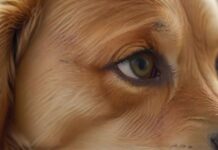 Hyperrealistic, close-up of a golden retriever's face, showing a slightly tearful eye. Focus on the detail of the eye, with visible moisture and detailed fur. Soft, natural lighting, shallow depth of field. No text. Artifact-free. Anatomically correct, flawless rendering.