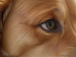 Hyperrealistic, close-up of a golden retriever's face, showing a slightly tearful eye. Focus on the detail of the eye, with visible moisture and detailed fur. Soft, natural lighting, shallow depth of field. No text. Artifact-free. Anatomically correct, flawless rendering.