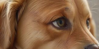 Hyperrealistic, close-up of a golden retriever's face, showing a slightly tearful eye. Focus on the detail of the eye, with visible moisture and detailed fur. Soft, natural lighting, shallow depth of field. No text. Artifact-free. Anatomically correct, flawless rendering.